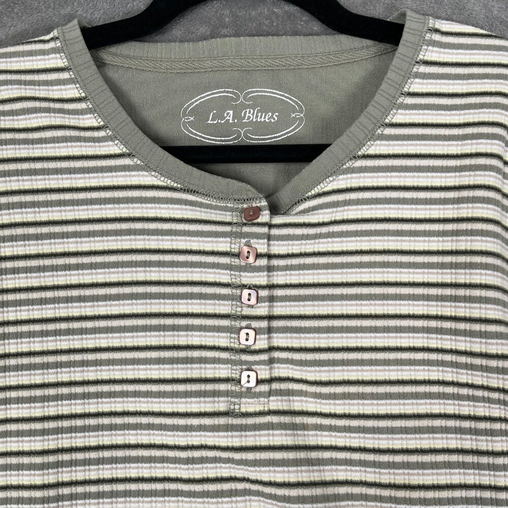 L.A. Blues Striped Henley Tee Women’s L Green Ribbed Y2K Retro Casual Normcore - Picture 5 of 8